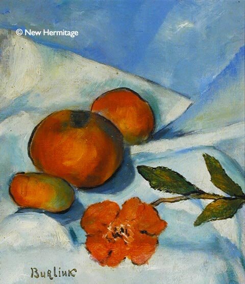  D.Burlyuk (1882-1967) The Still-life. The Fruit and Poppy Flower, 1930 Oil on cardboard, 26 x 23,5 cm