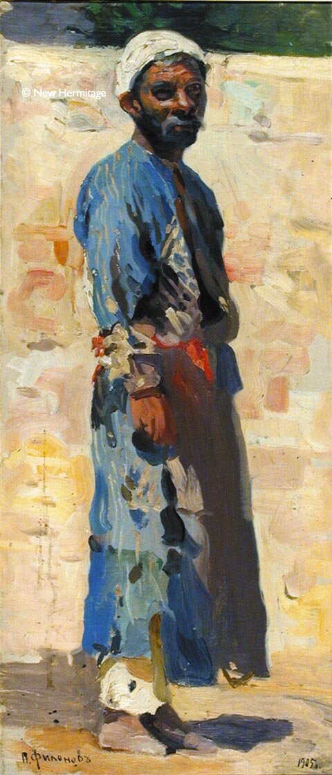  Филонов П. (1883-1941) Восточный мужчина в синем халате, 1905 Холст, масло, 71,4 х 31,2