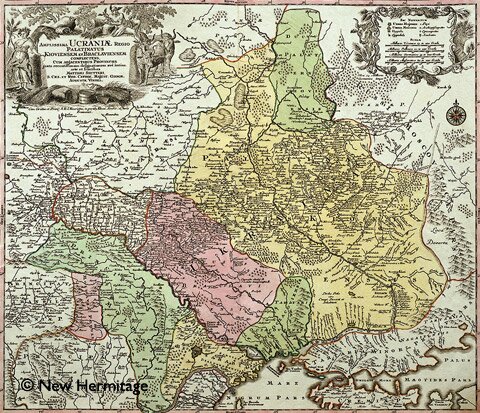 The map of the Kingdom of Ukraine with the palatinates of Kiev and Bratslavsk. Germany. 17th century. Copperplate engraving, watercolor. Rag paper. Off-print: 50 x 58 cm. Sheet: 55 x 62 cm. Compiler: Sutter Mathias (geographer of His Ro