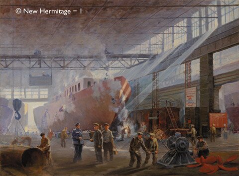 Kamanin S.M. Tugboat Construction. 1953 Canvas, oil, 60 x 80